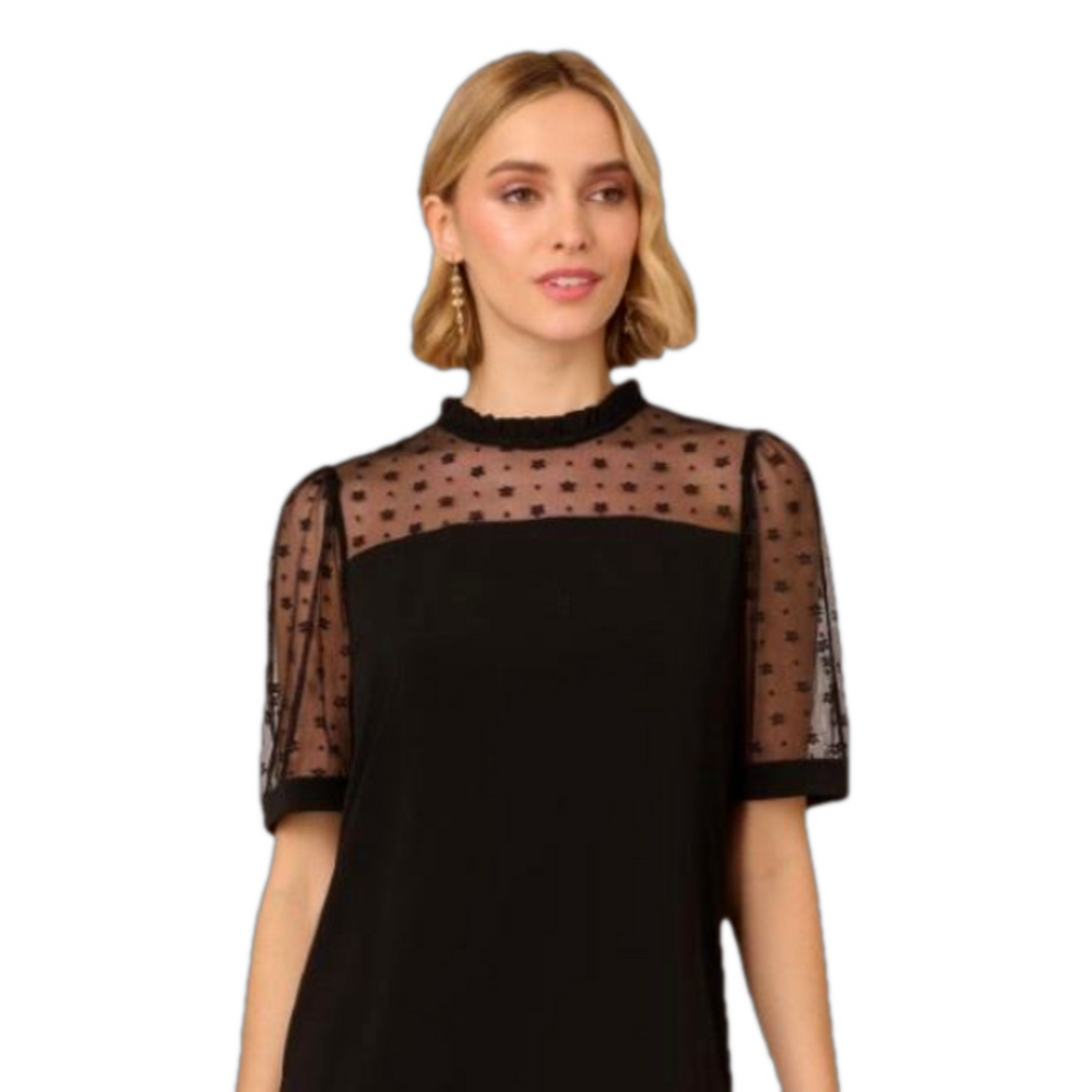 ADRIANNA PAPELL Top Ruffle Neck Floral Mesh Short Sleeve Black Women Size M